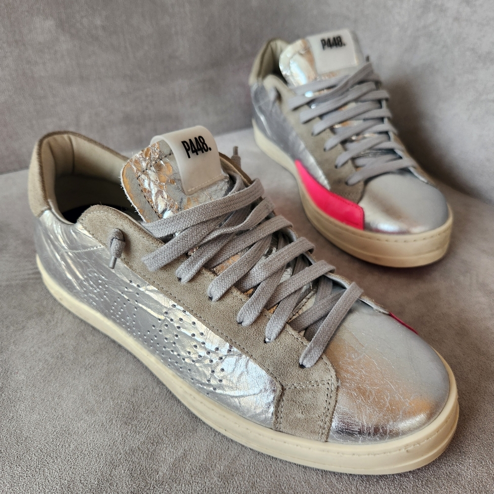 P448 Silver Metallic & Hot Pink Low-Top Sneakers
